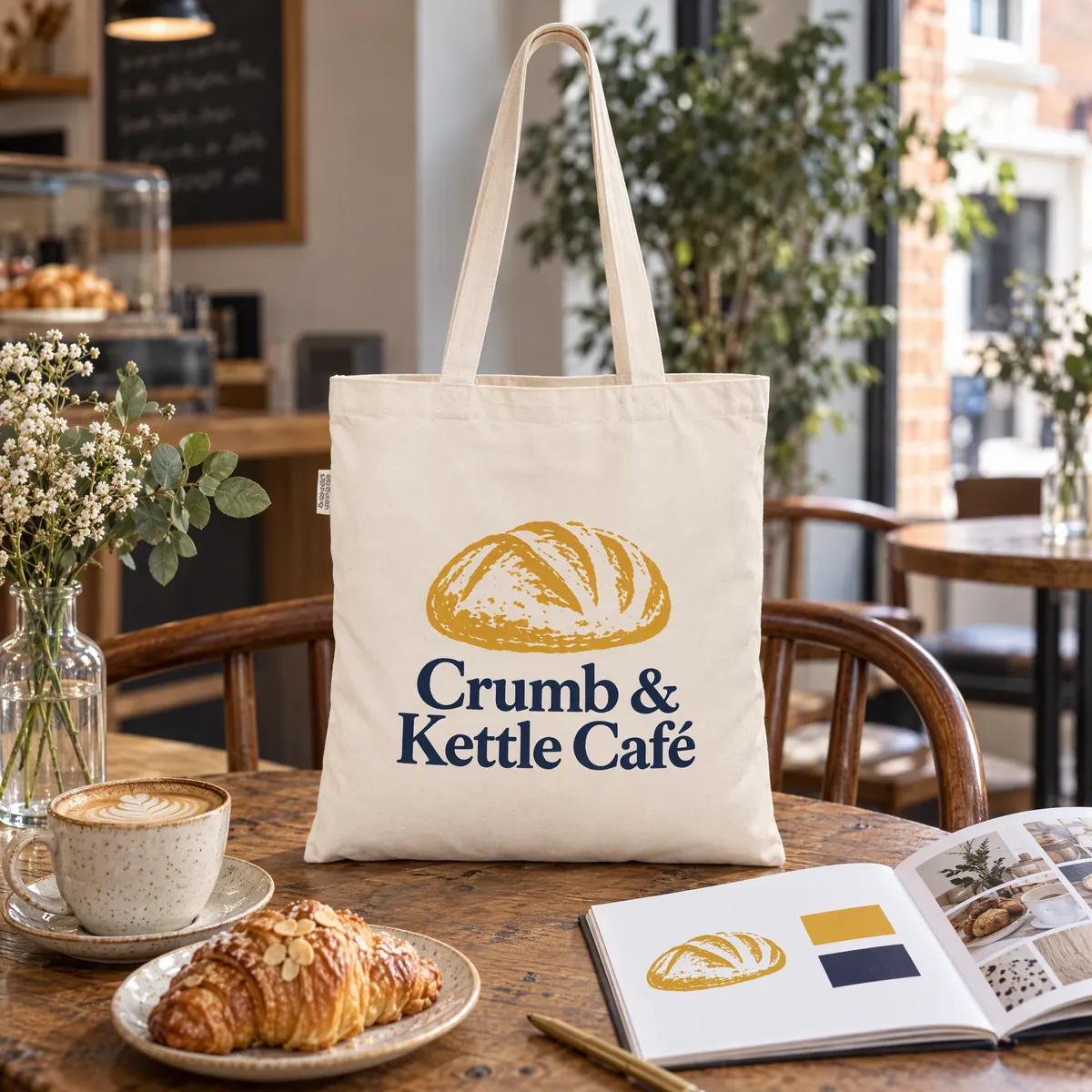 Brand guidelines with colour swatches beside a tote printed in the matching colours