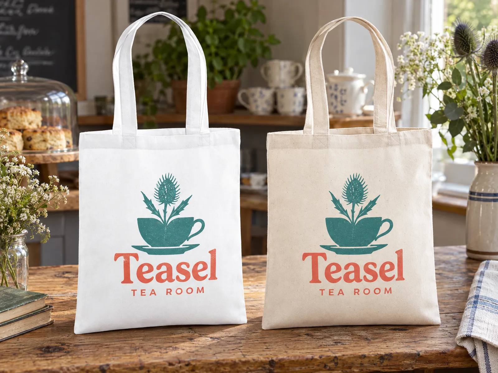 Same teal and coral logo printed on a white bag and a natural bag side by side