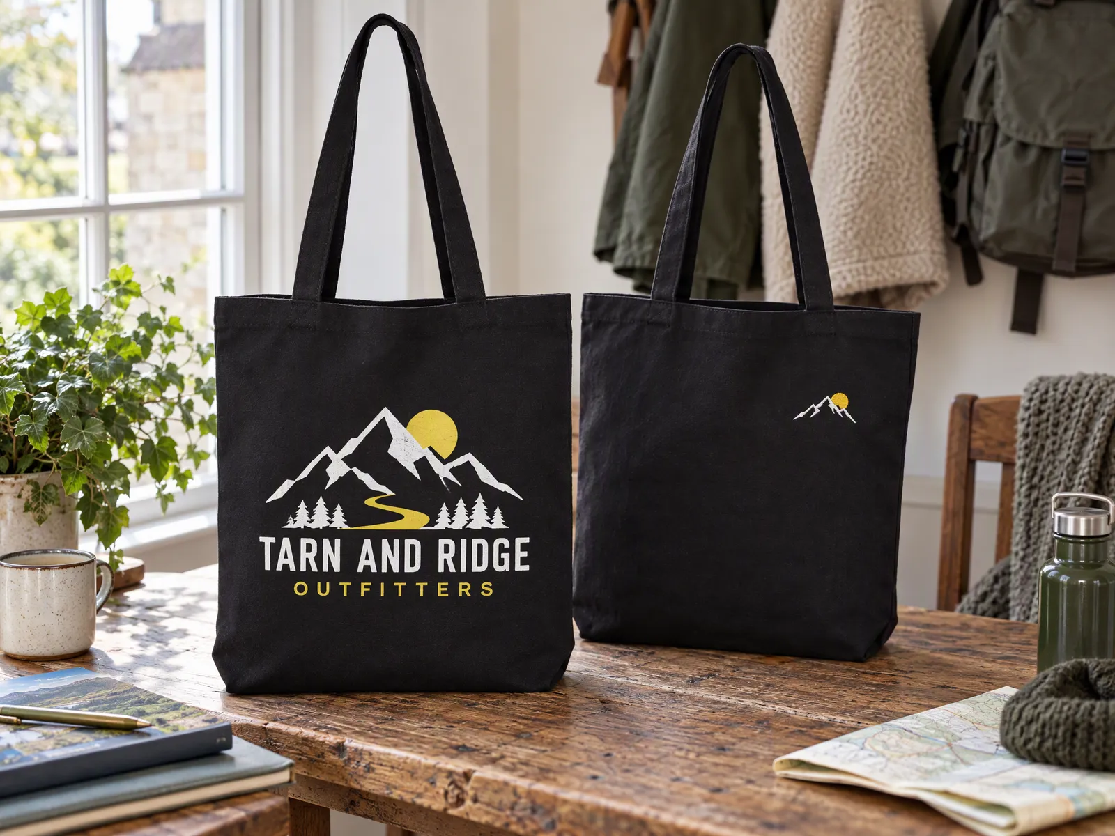 A screen printed canvas tote beside one with a small embroidered logo, for comparison