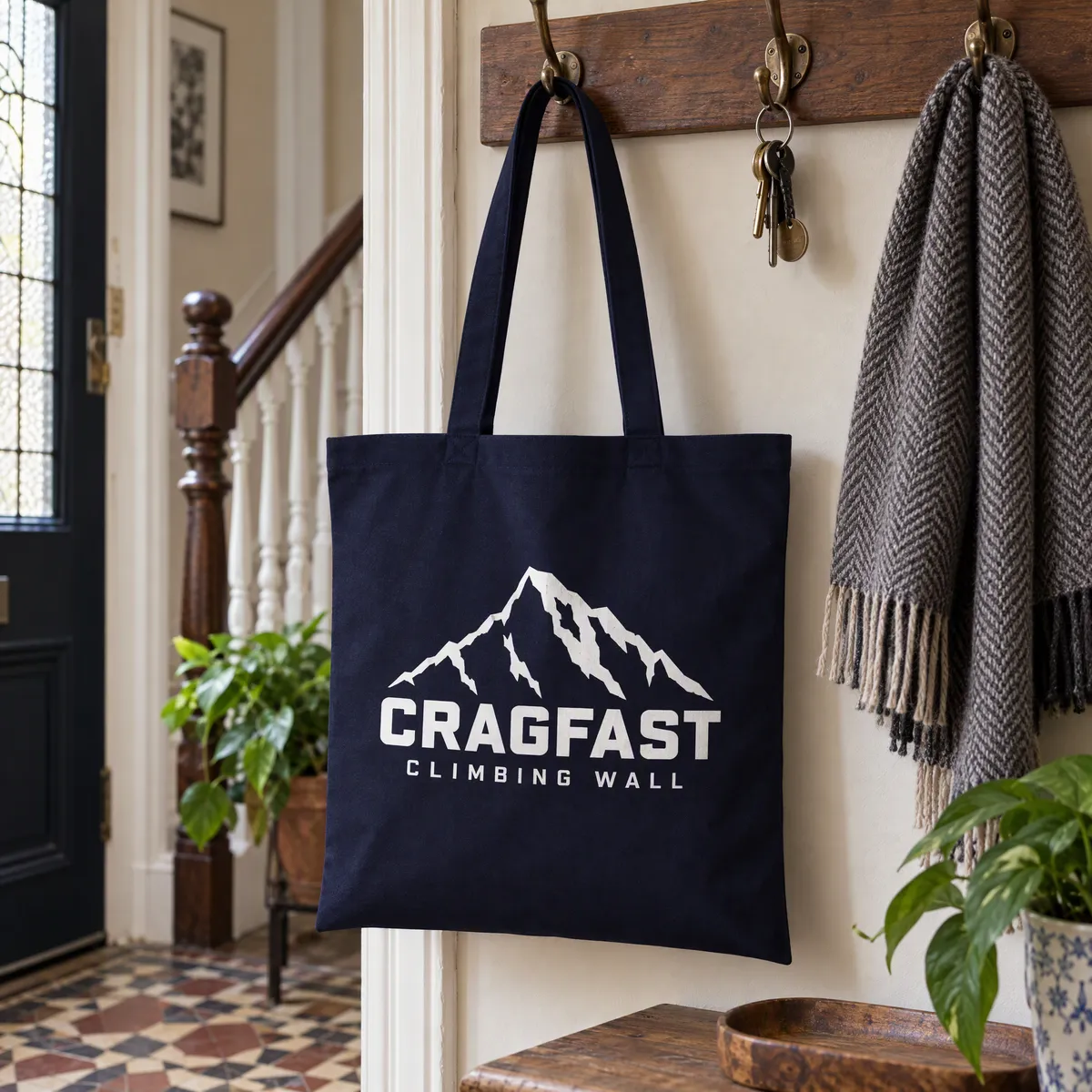 Navy cotton shopper printed with a white climbing centre logo hanging on a hallway hook