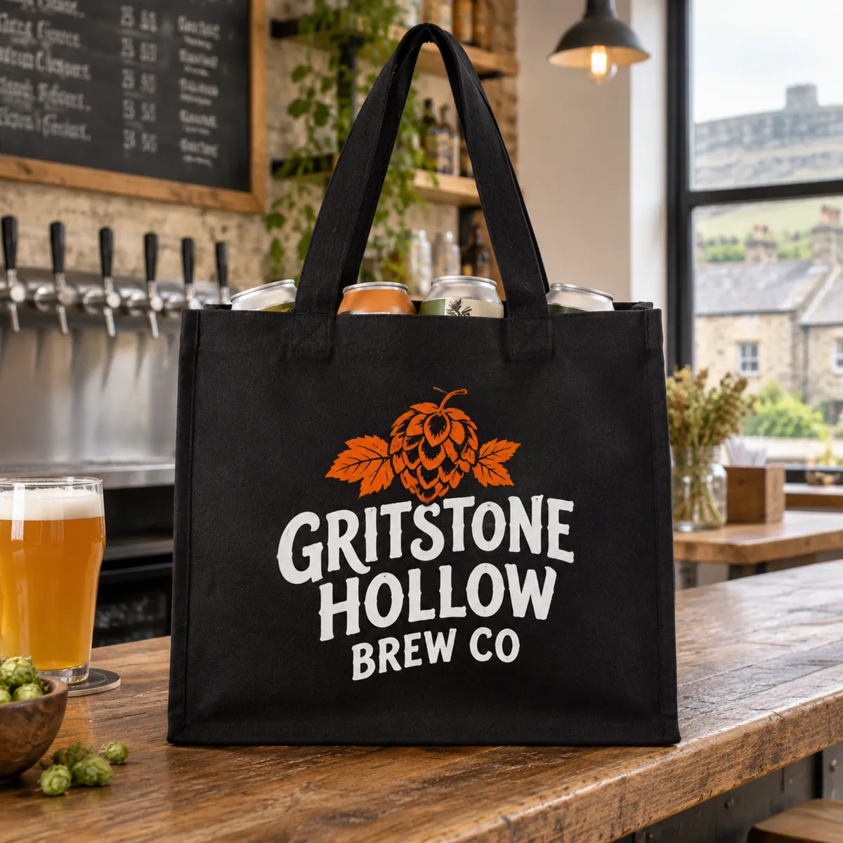 Black large canvas tote printed in orange and white standing on a brewery taproom counter