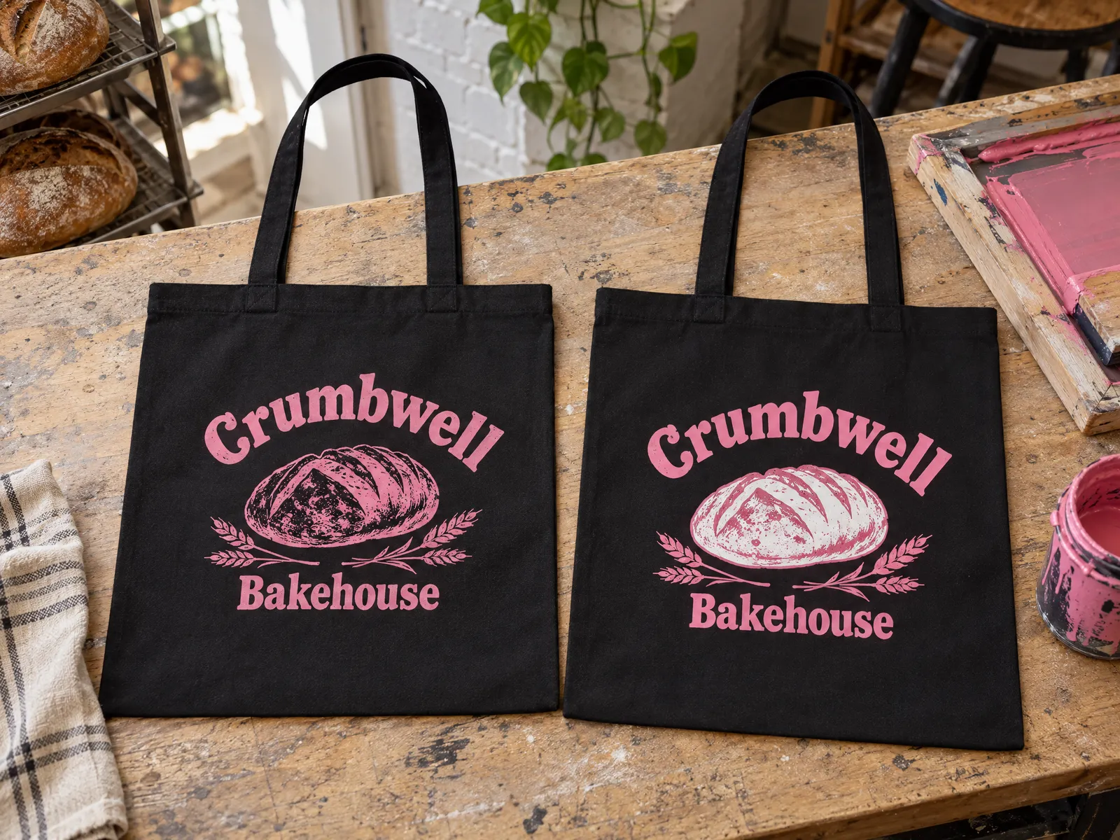 Two black canvas bags compared: pink ink looks dull without an underbase and bright with one