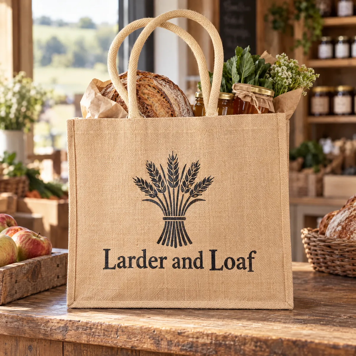 Printed jute bag standing on its own on a farm shop counter, filled with jars and bread