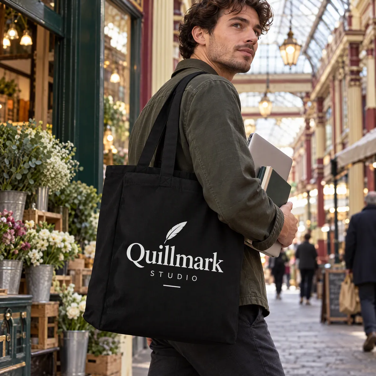 Man carrying a black printed canvas tote with a laptop inside through a covered market