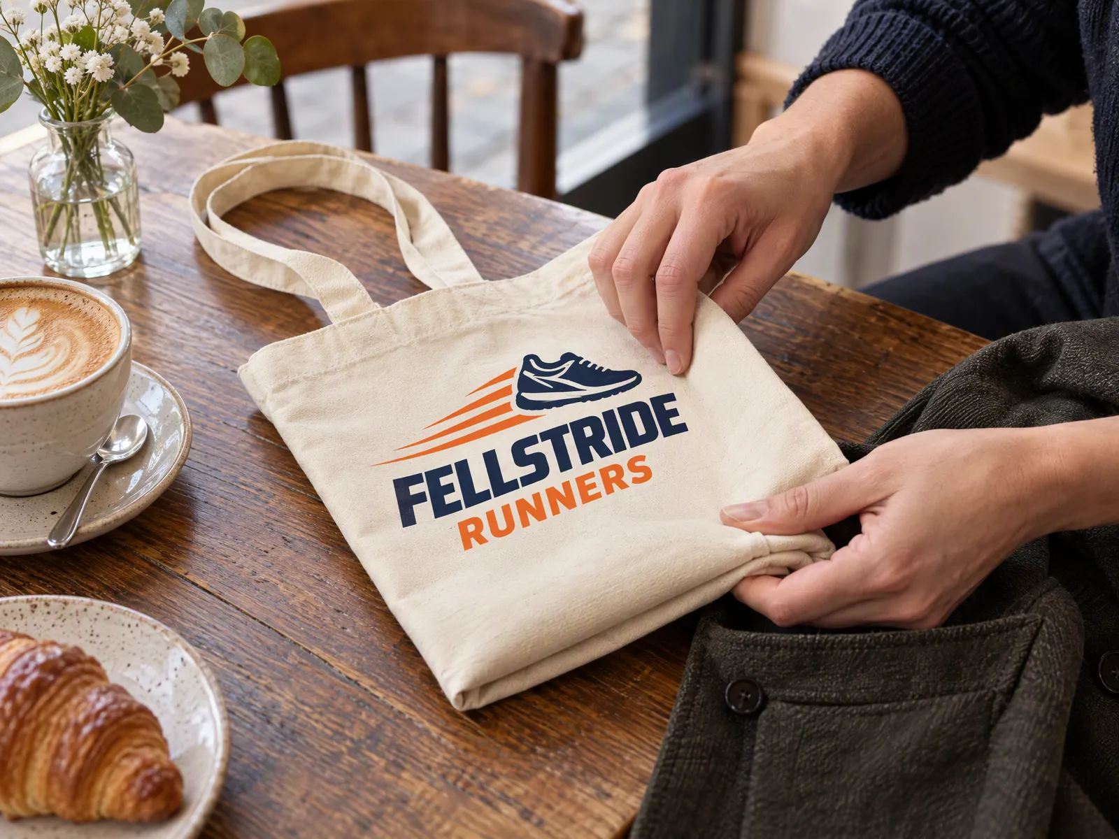 Hands folding a printed cotton shopper small enough to fit in a pocket