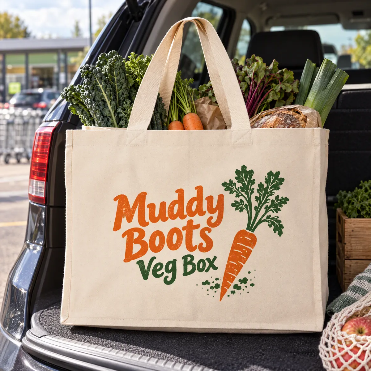 Large gusseted canvas tote full of groceries in a car boot