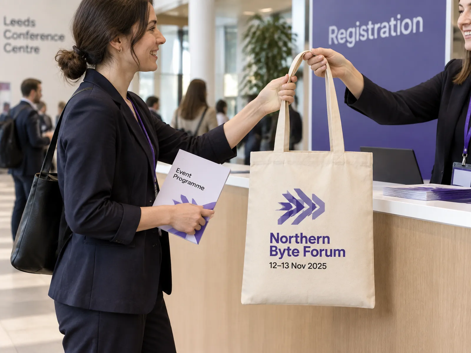Conference delegate receiving a flat printed shopper with an A4 programme inside