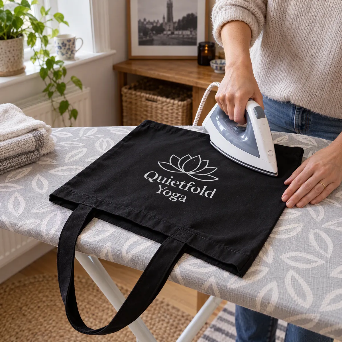 Black canvas tote being ironed inside out to protect the print