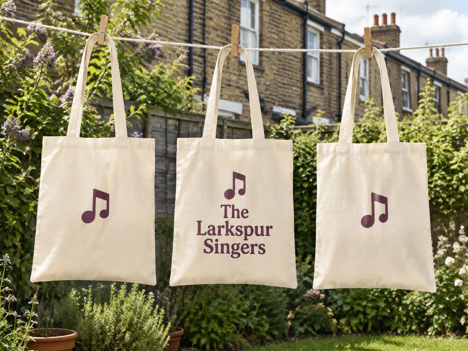 Printed cotton shoppers drying on a garden washing line
