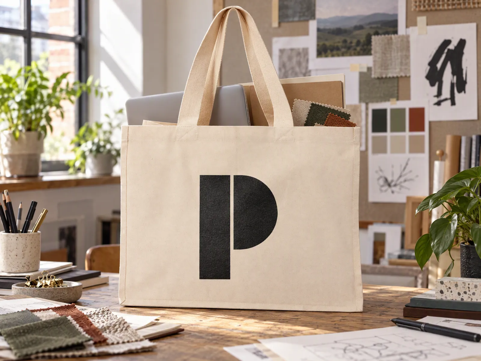 Large natural canvas tote printed with a black Pennine Print Collective mark, filled with a laptop and folders on a studio table