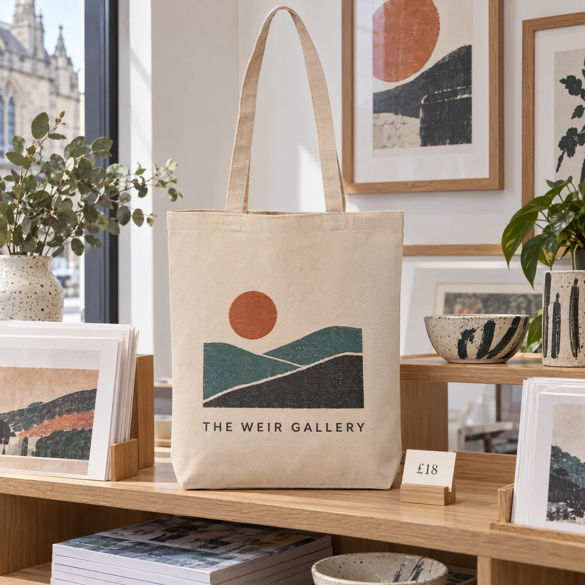 Natural recycled canvas tote printed with a three-colour gallery design, for sale on a gallery shop shelf