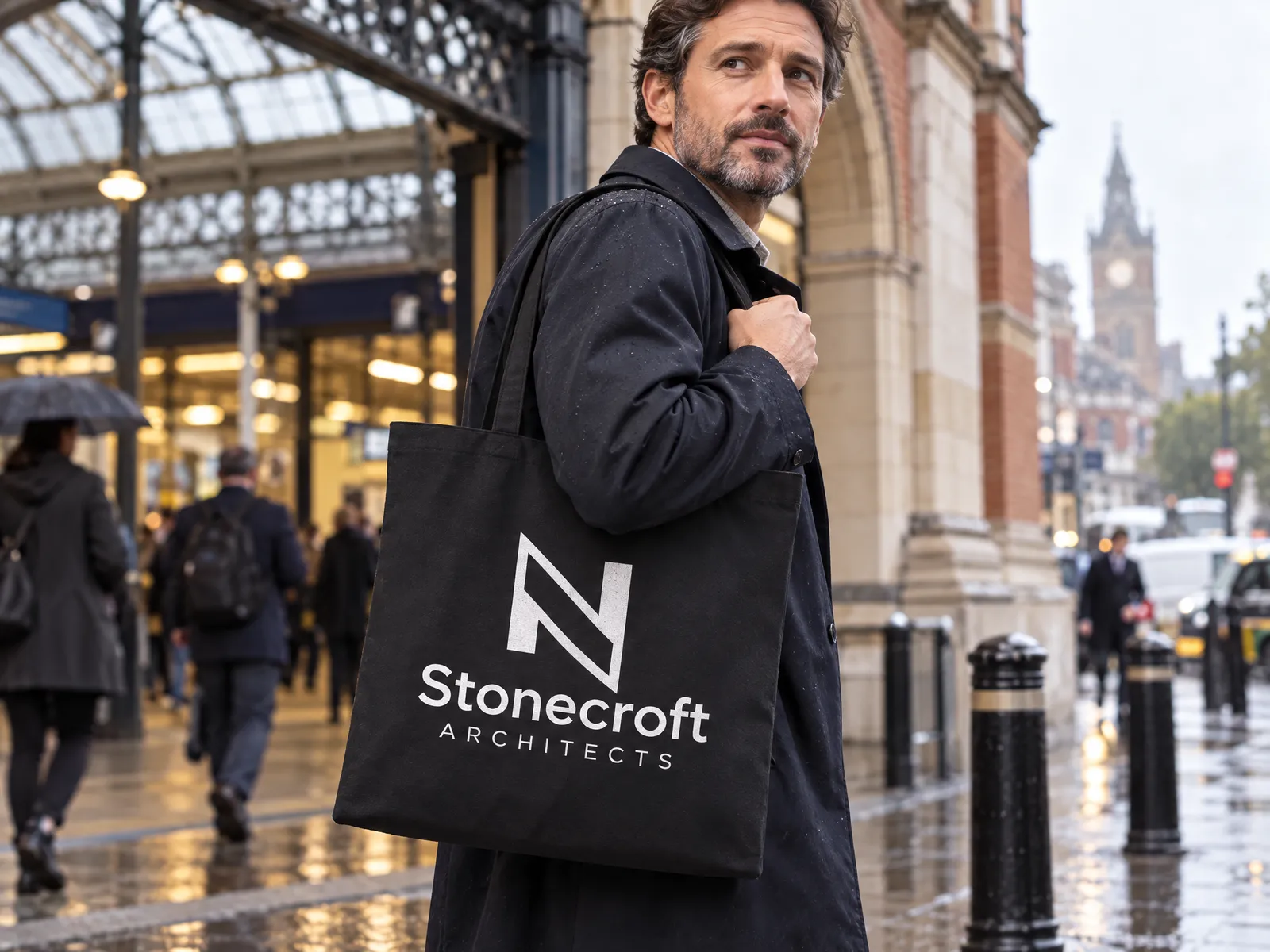 Black heavyweight recycled canvas tote printed with an architects' logo, carried out of a railway station