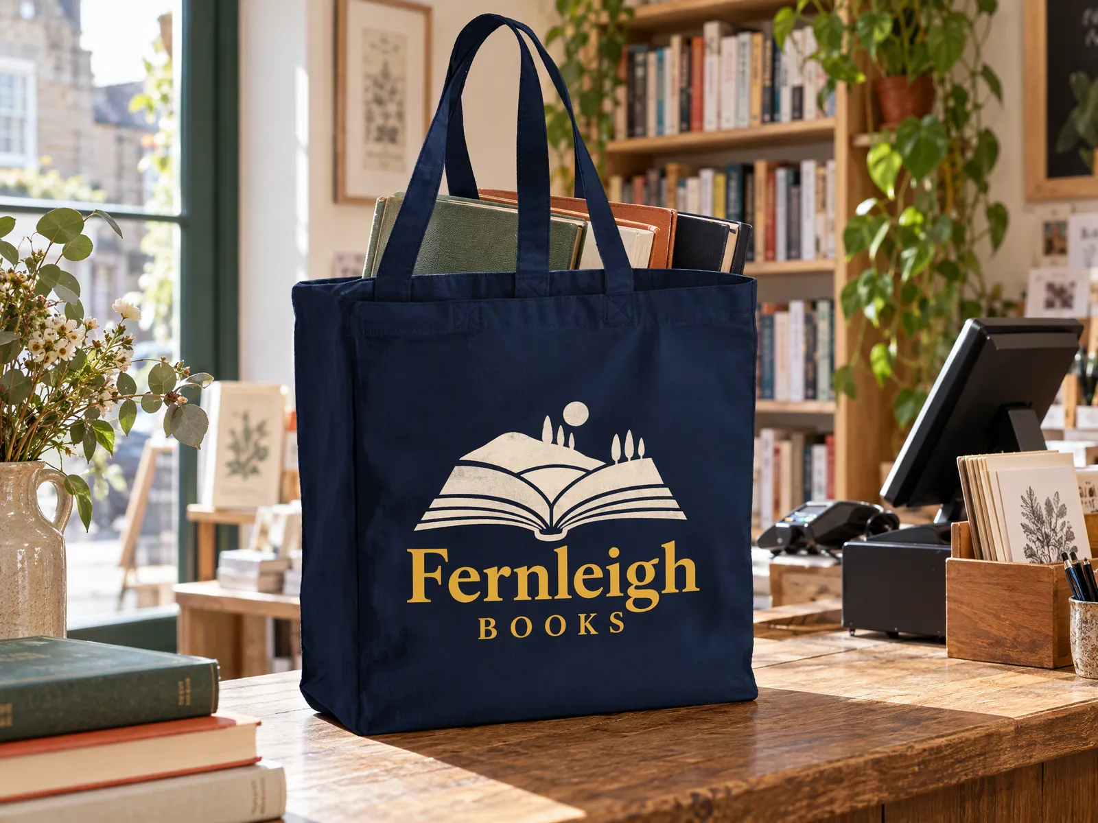 French navy heavyweight canvas tote printed with a bookshop logo, full of hardbacks on a shop counter