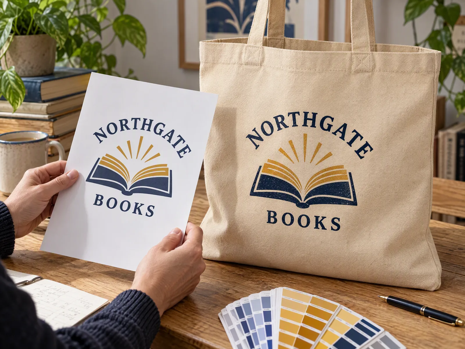 Hands holding an emailed proof next to a natural shopper printed with a navy and mustard Northgate Books logo