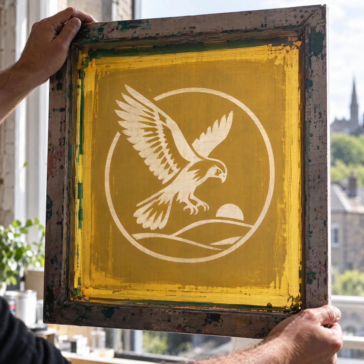 Screen held up to the light showing the open stencil of a logo in the mesh