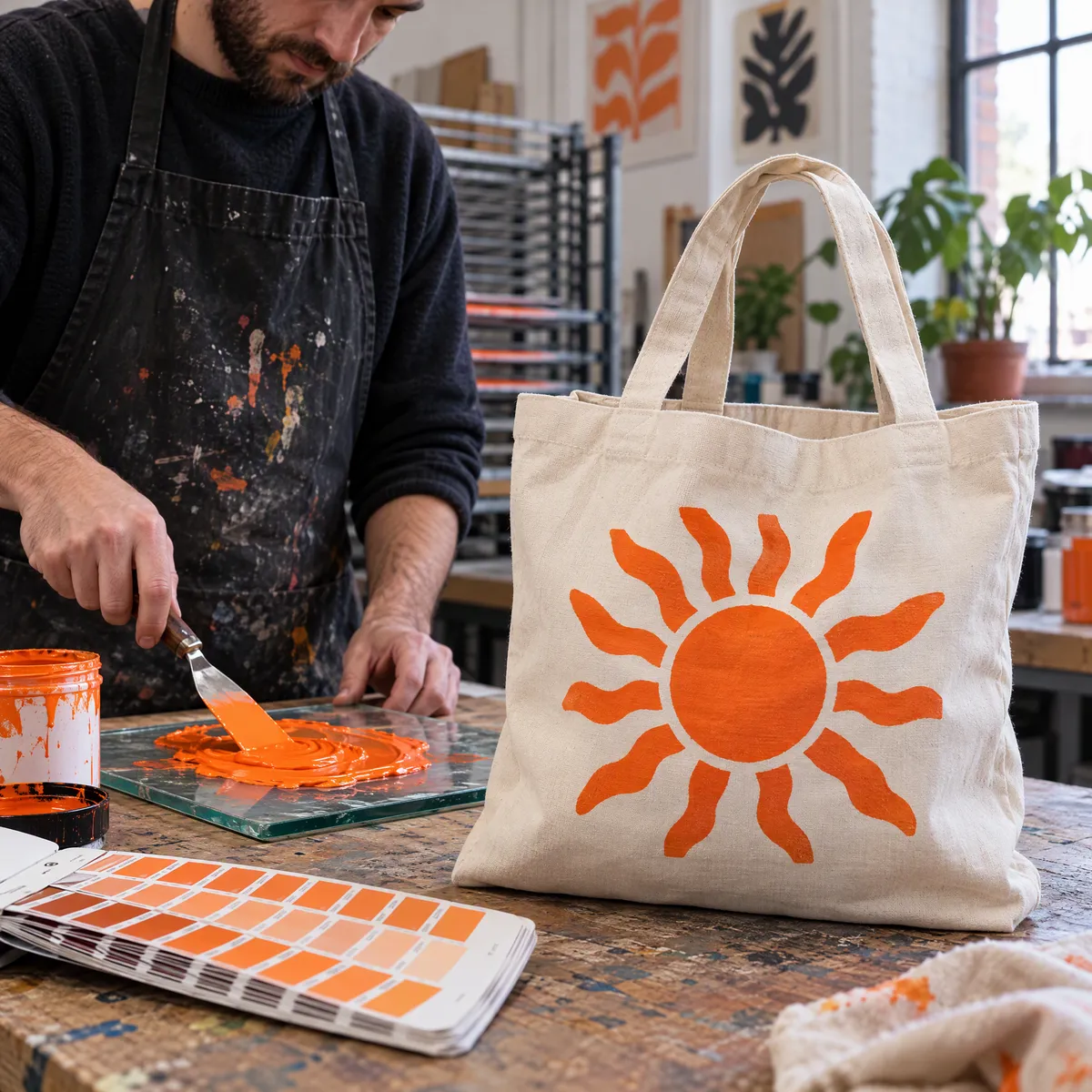 Printer mixing orange ink on a glass slab next to an open Pantone guide