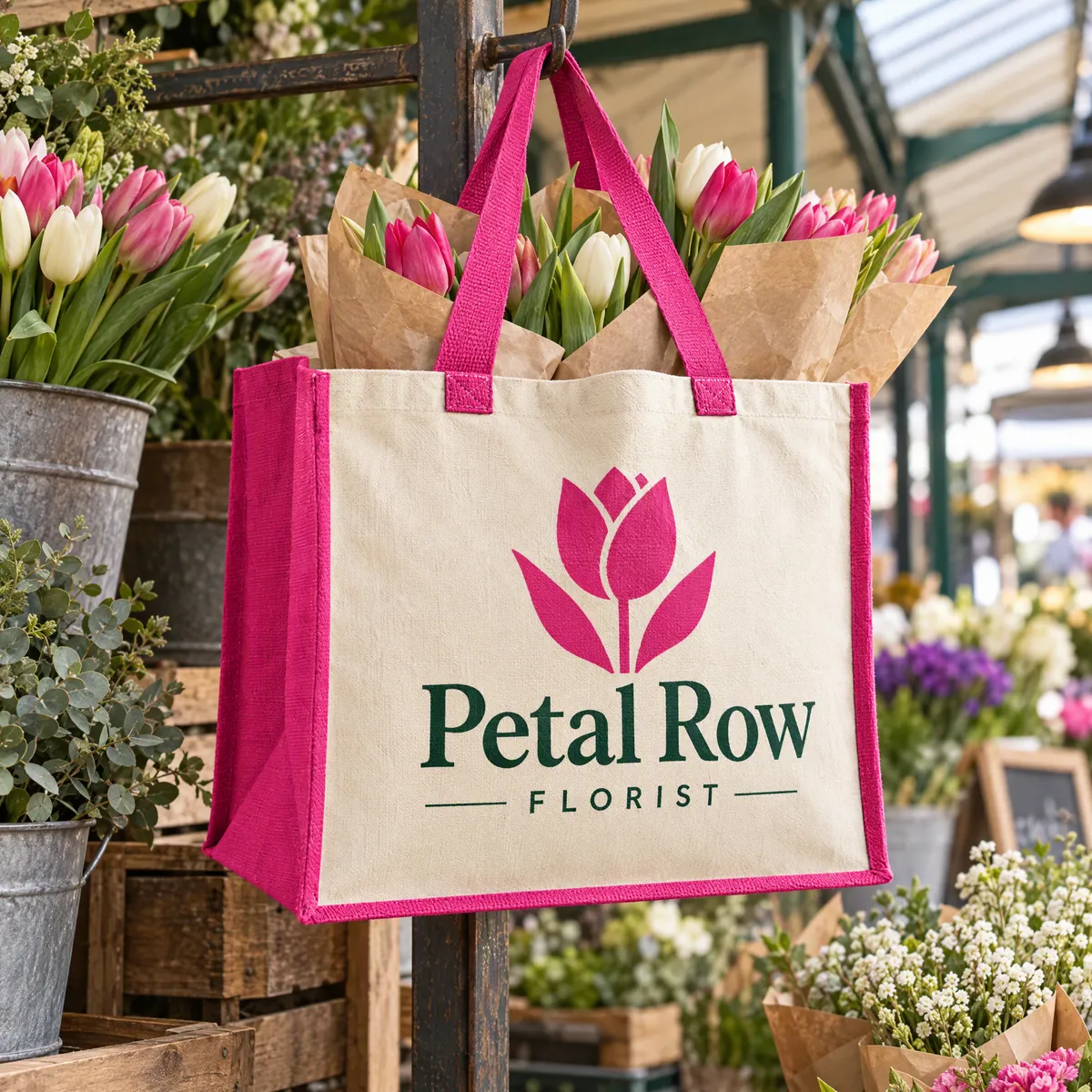 Classic juco bag with fuchsia sides and handles, printed with a florist's logo, filled with tulips