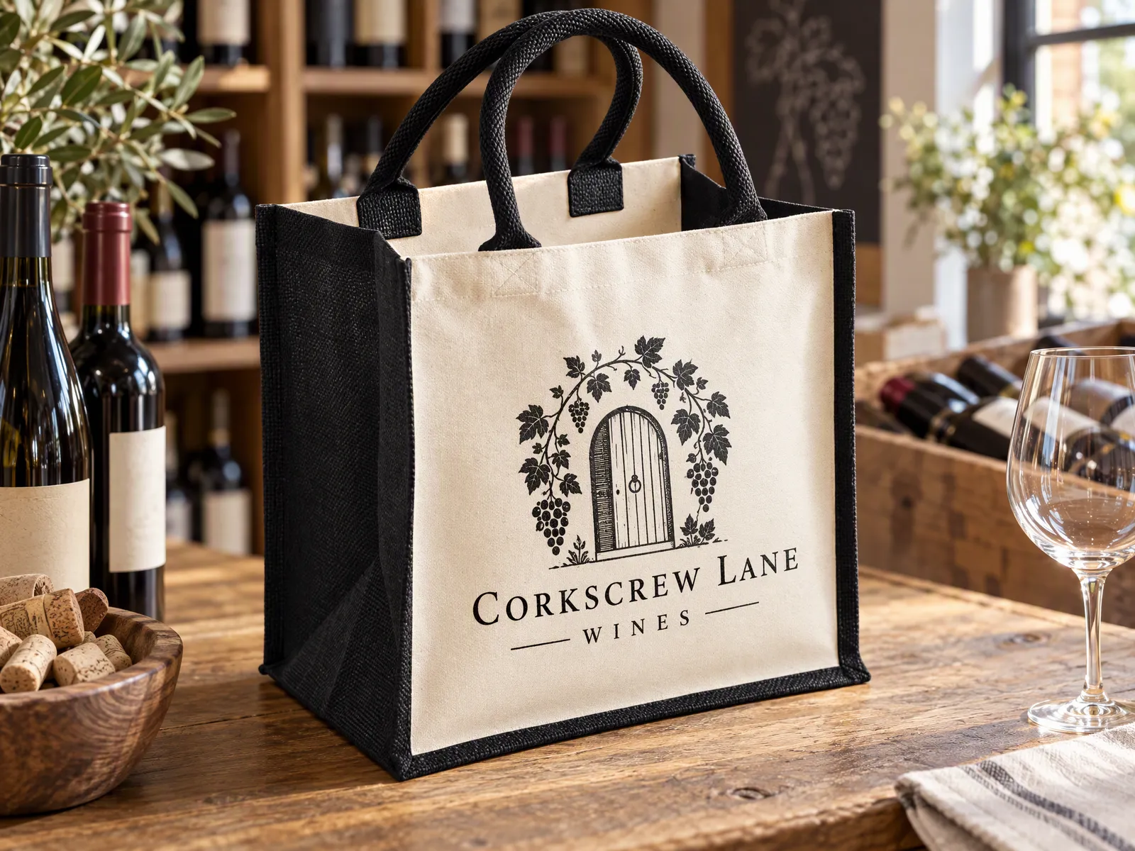 Midi juco bag with black jute sides on a shop counter, its canvas panel printed with a wine merchant's logo