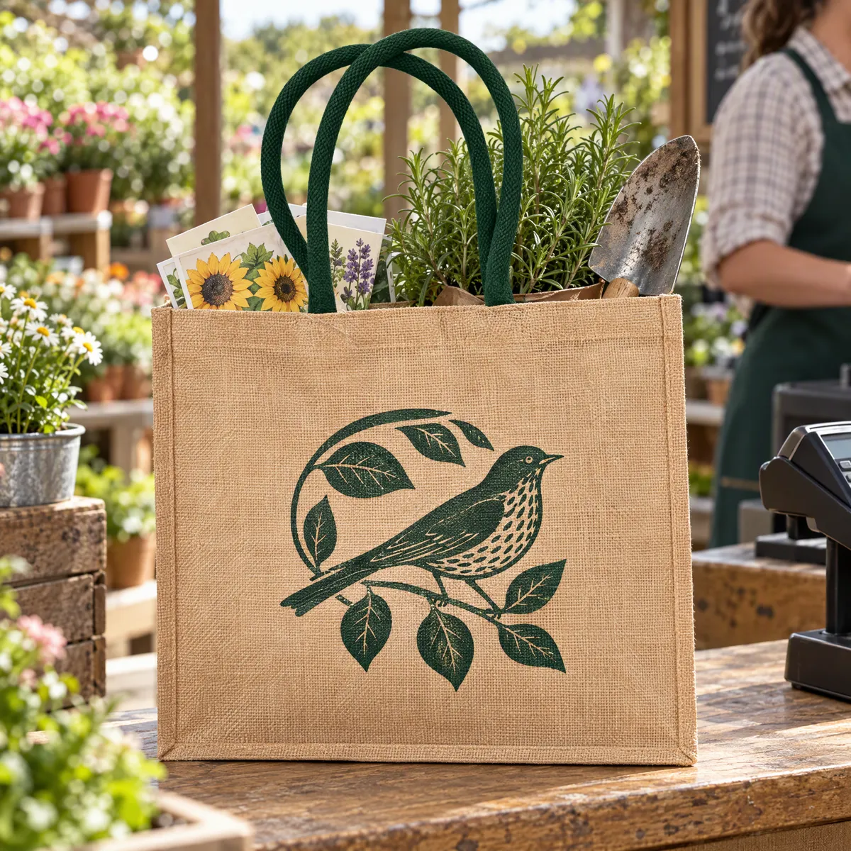 Jute bag with green handles printed with a garden centre logo, holding gardening supplies at a till
