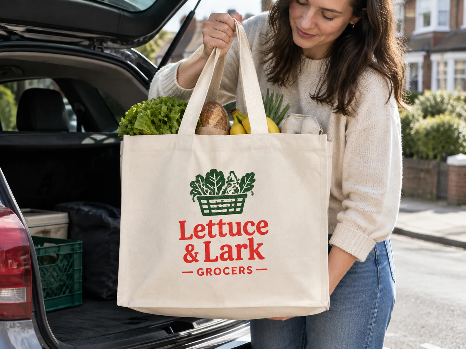 Large natural recycled canvas tote packed with shopping, lifted out of a car boot