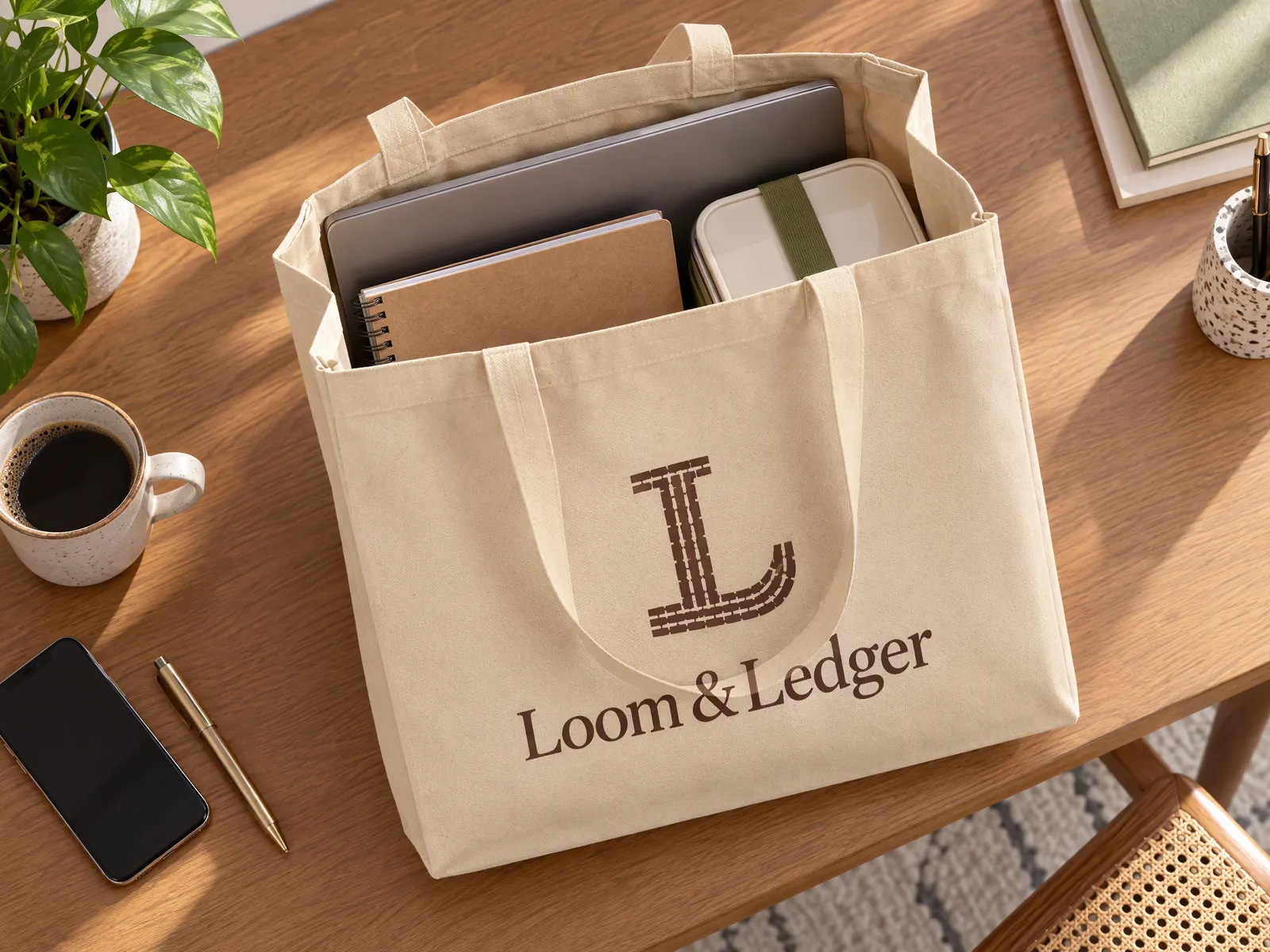 Open sand canvas tote seen from above, holding a laptop, an A4 notebook and a lunch box