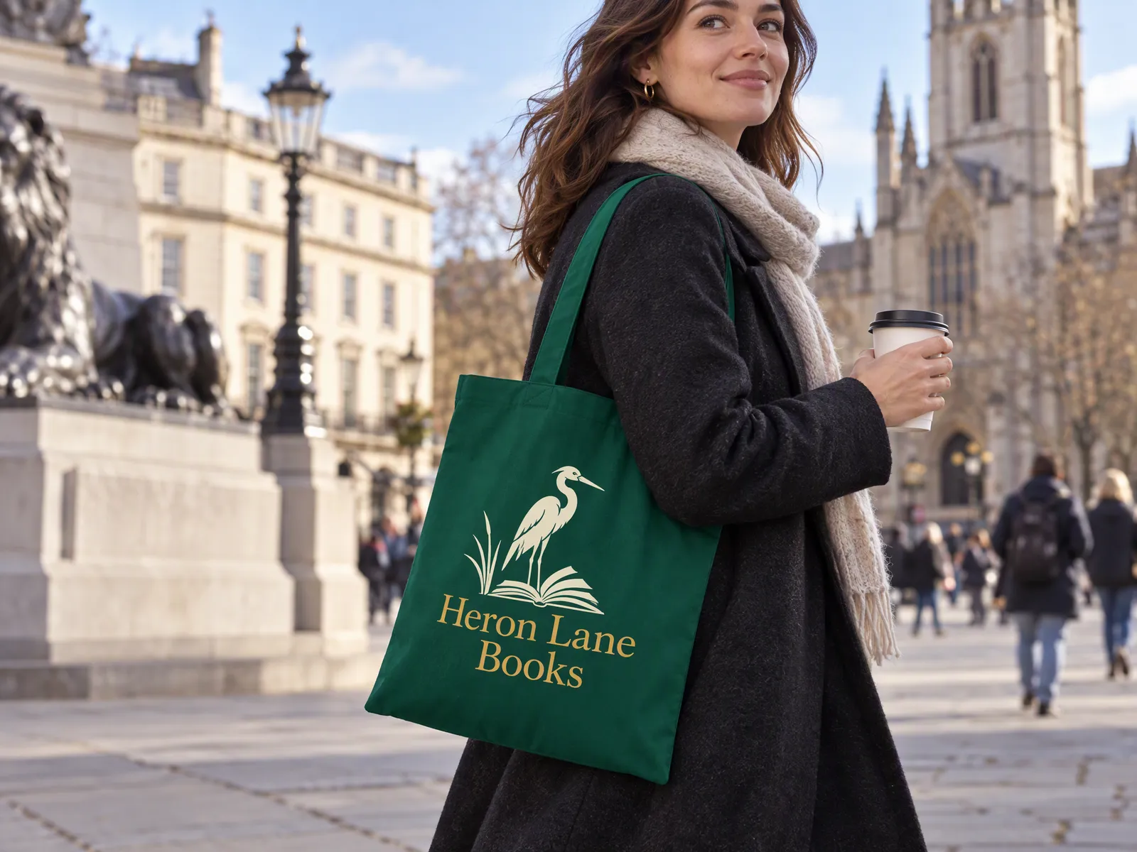 Bottle green long handle cotton tote printed with a bookshop logo, worn over the shoulder of a winter coat