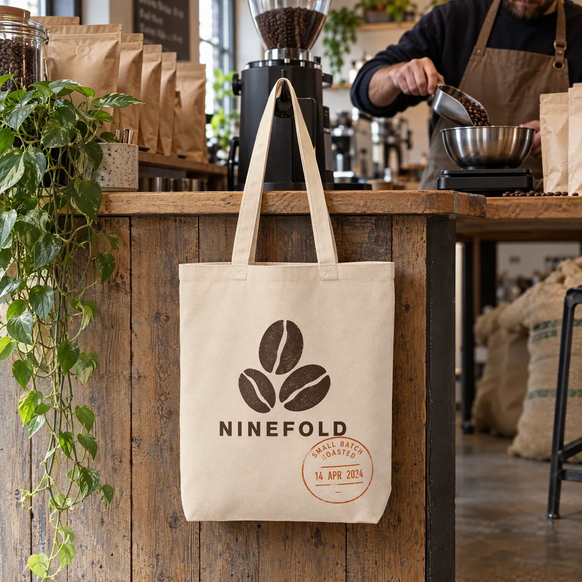 Natural recycled canvas tote printed with a coffee roaster's logo, hanging from a roastery counter