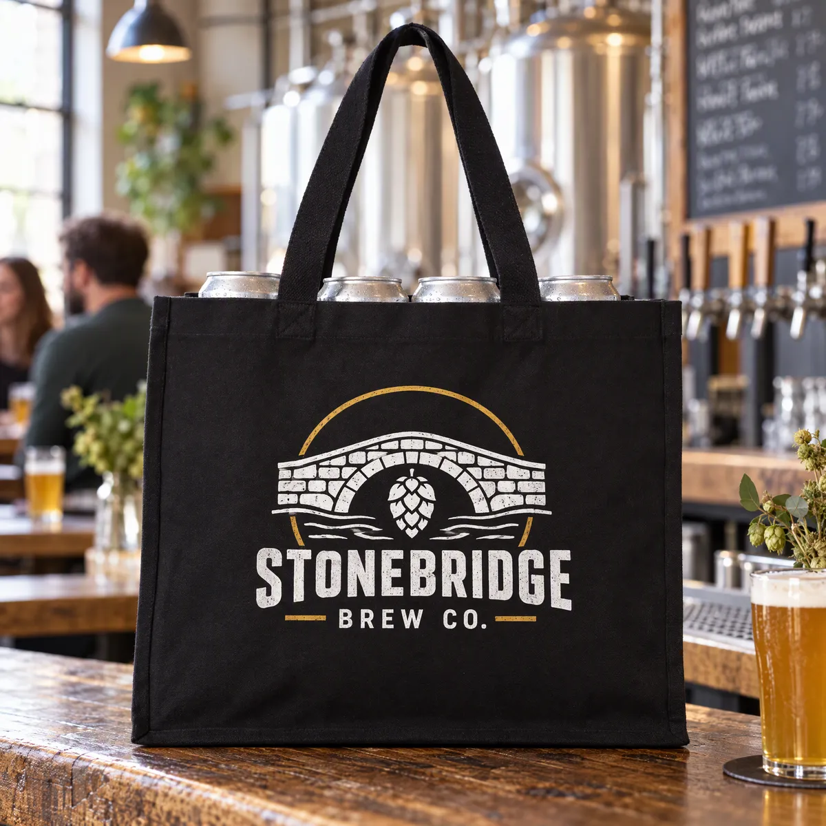 Black recycled canvas tote printed with a brewery logo, holding cans on a taproom bar