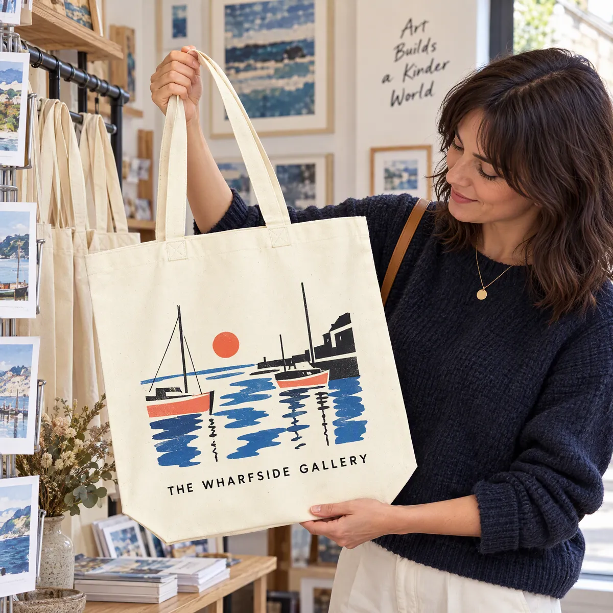 Natural organic cotton tote printed with an abstract artwork in three colours, in a gallery gift shop