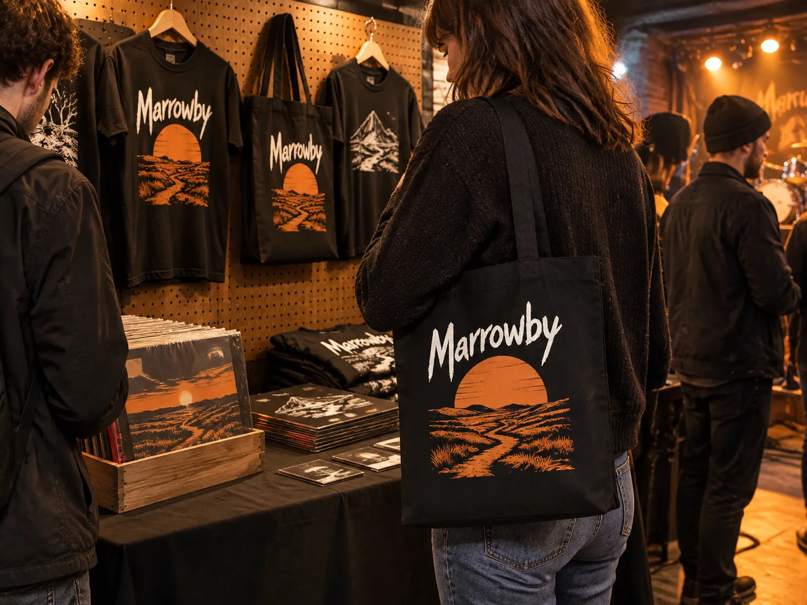 Black canvas totes printed with a band's artwork in white and orange, pinned up on a merch table at a gig