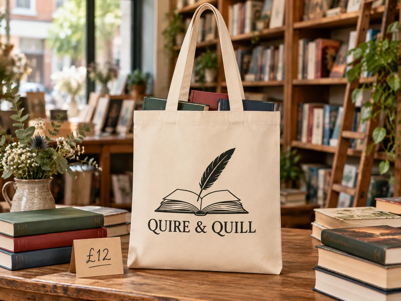 Natural recycled canvas tote printed with a bookshop logo, standing on a bookshop table holding books