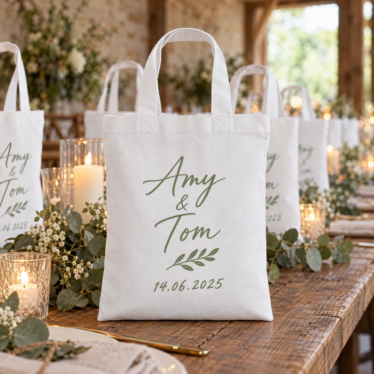 White mini cotton totes printed with a couple's names and wedding date, set out as favours on a reception table