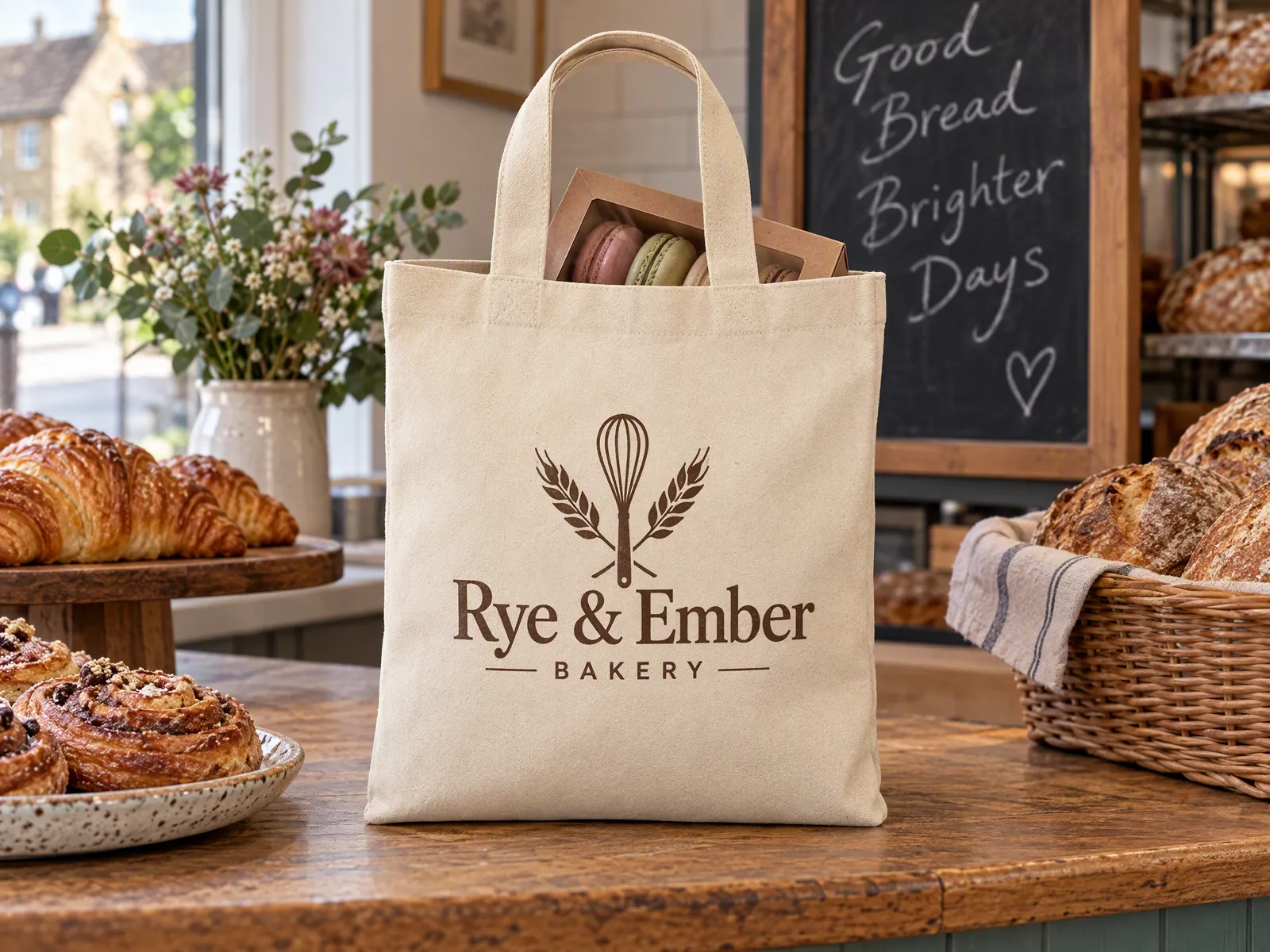 Natural mini cotton tote printed with a bakery logo, holding a box of macarons on a counter
