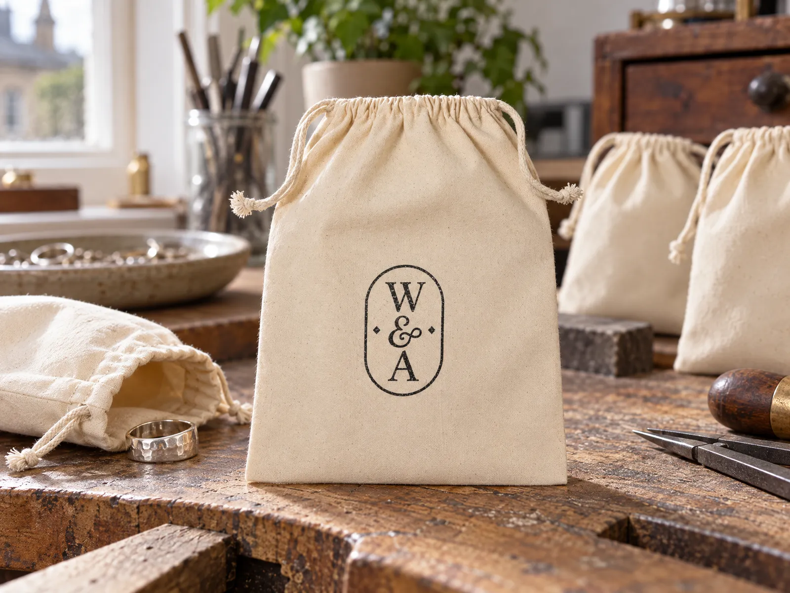 Tiny natural recycled cotton drawstring pouches printed with a jeweller's monogram, on a workbench with a silver ring