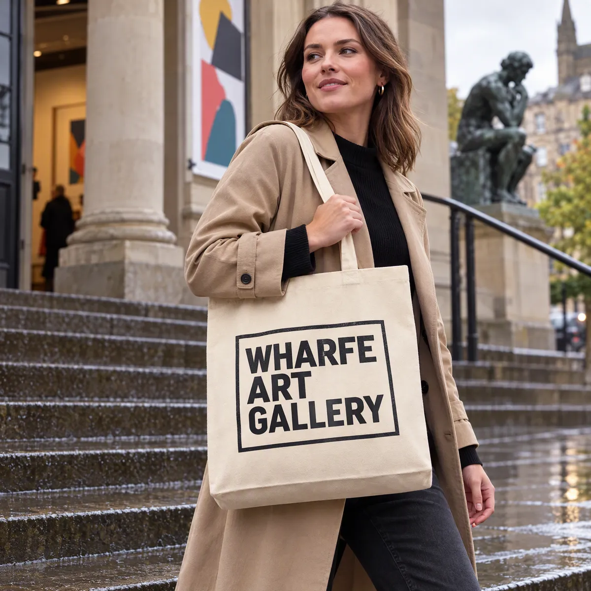 Natural canvas tote printed with a black Wharfe Art Gallery logo, carried down the steps of a stone gallery
