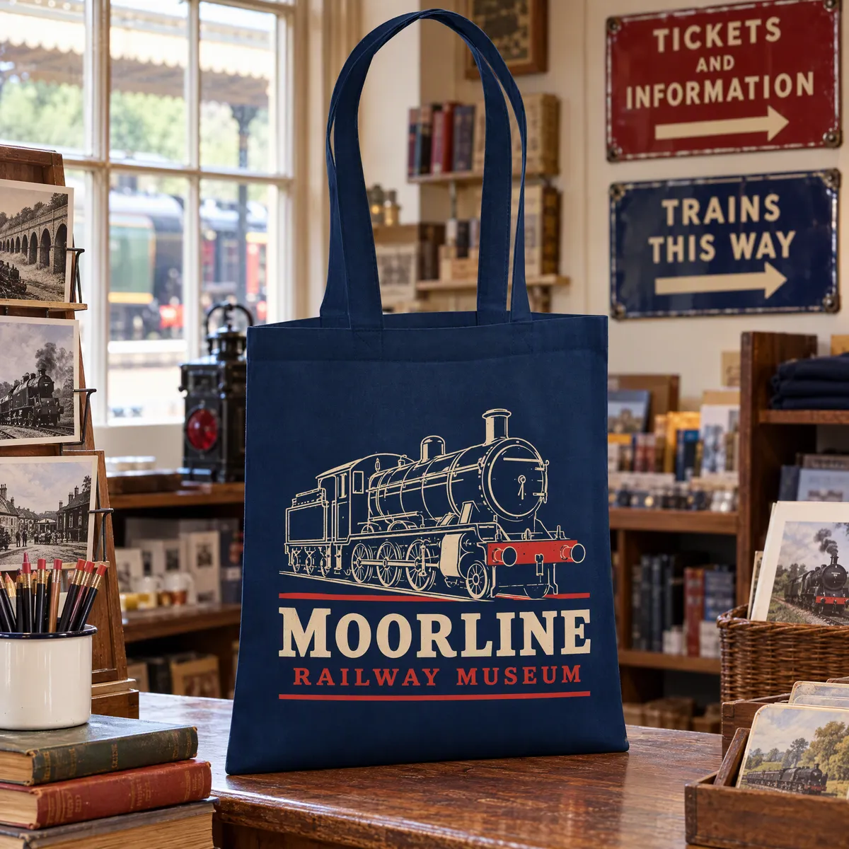 Navy organic cotton tote printed with a steam locomotive drawing in cream and red, on a railway museum shop counter