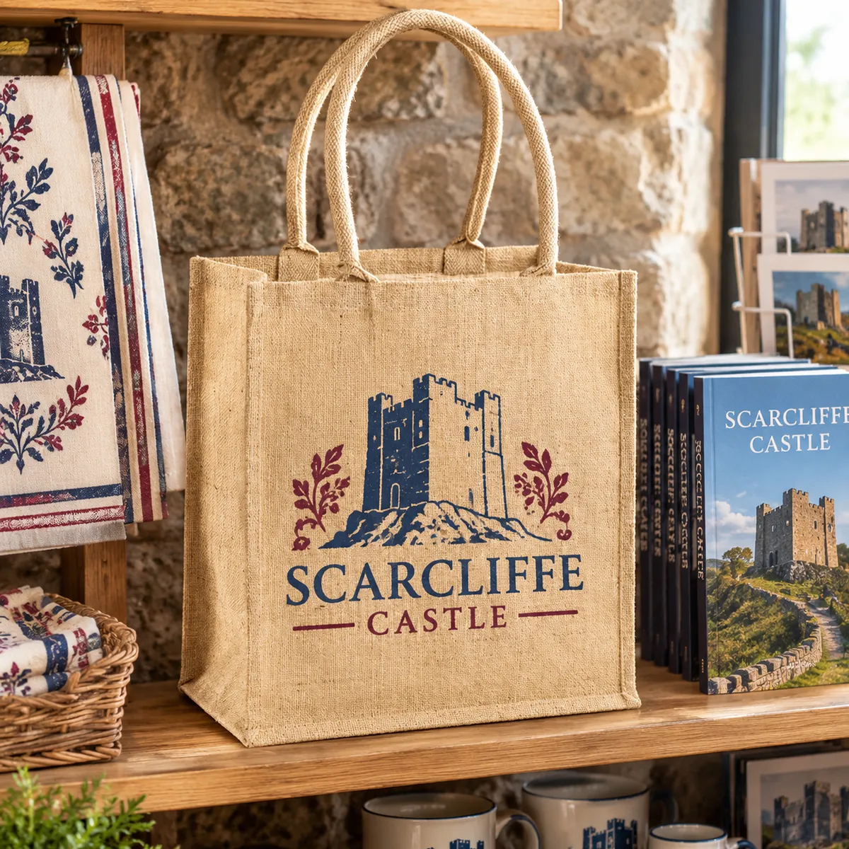 Jute bag printed with a Scarcliffe Castle design in navy and burgundy, on a castle gift shop shelf