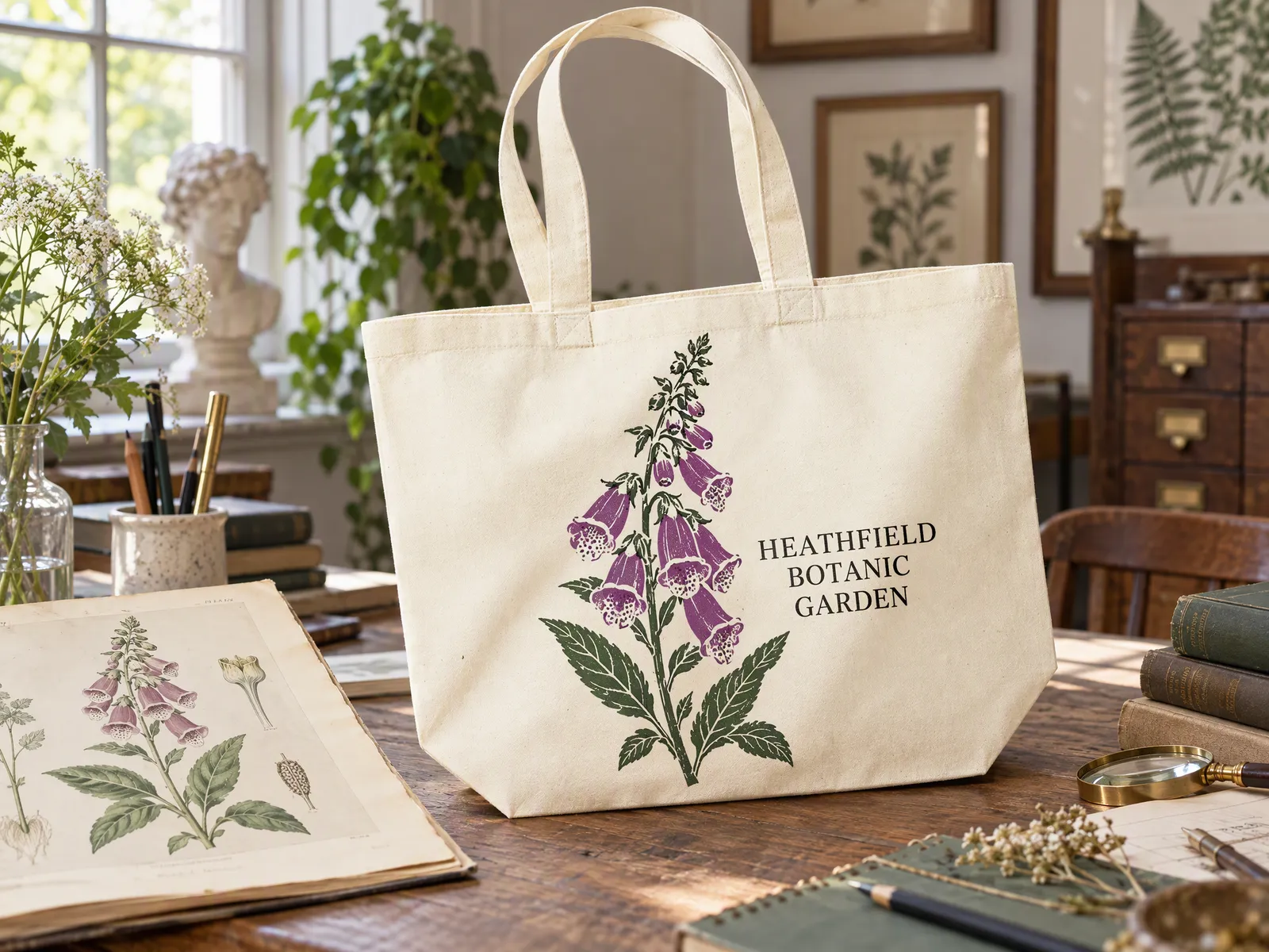 Natural organic cotton tote printed with a three-colour foxglove drawing, beside the archive botanical plate it came from