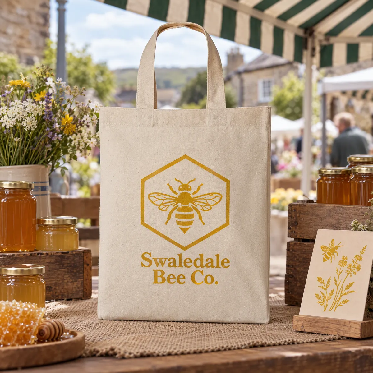Mini natural cotton shoppers printed with a Swaledale Bee Co. logo, holding honey jars on a market stall