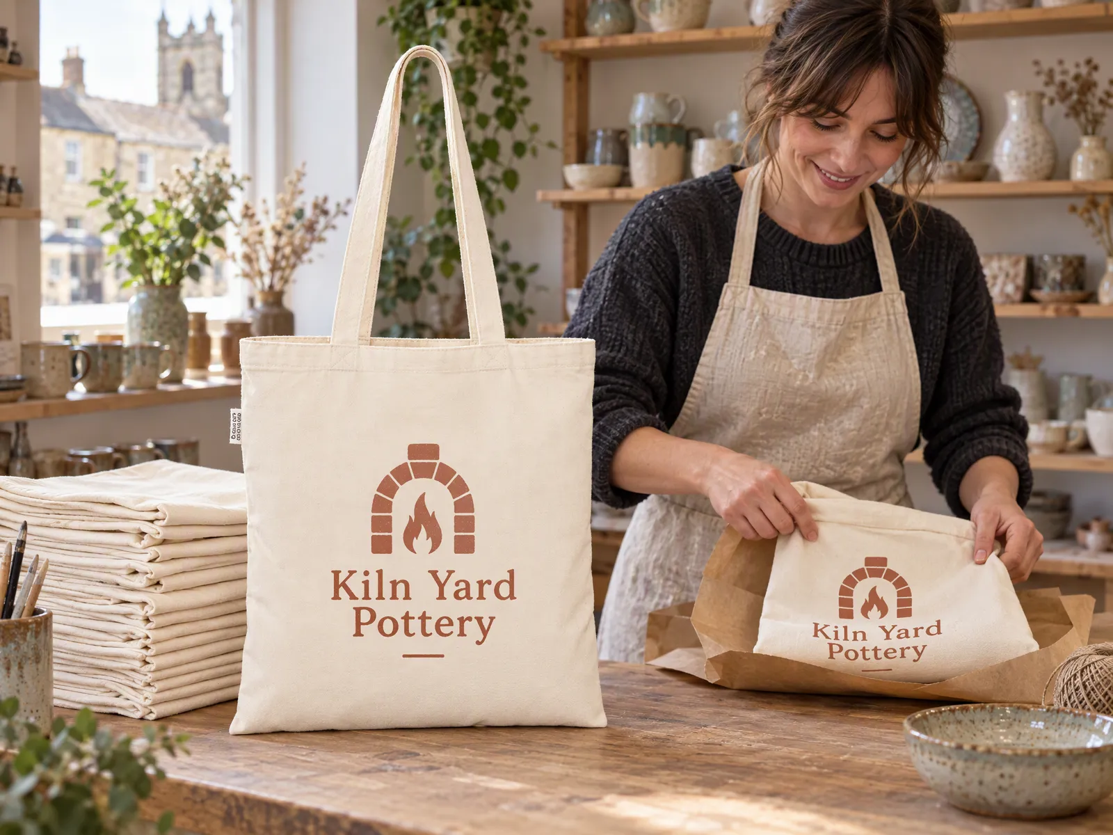 A small stack of natural tote bags printed with a terracotta Kiln Yard Pottery logo on a studio counter