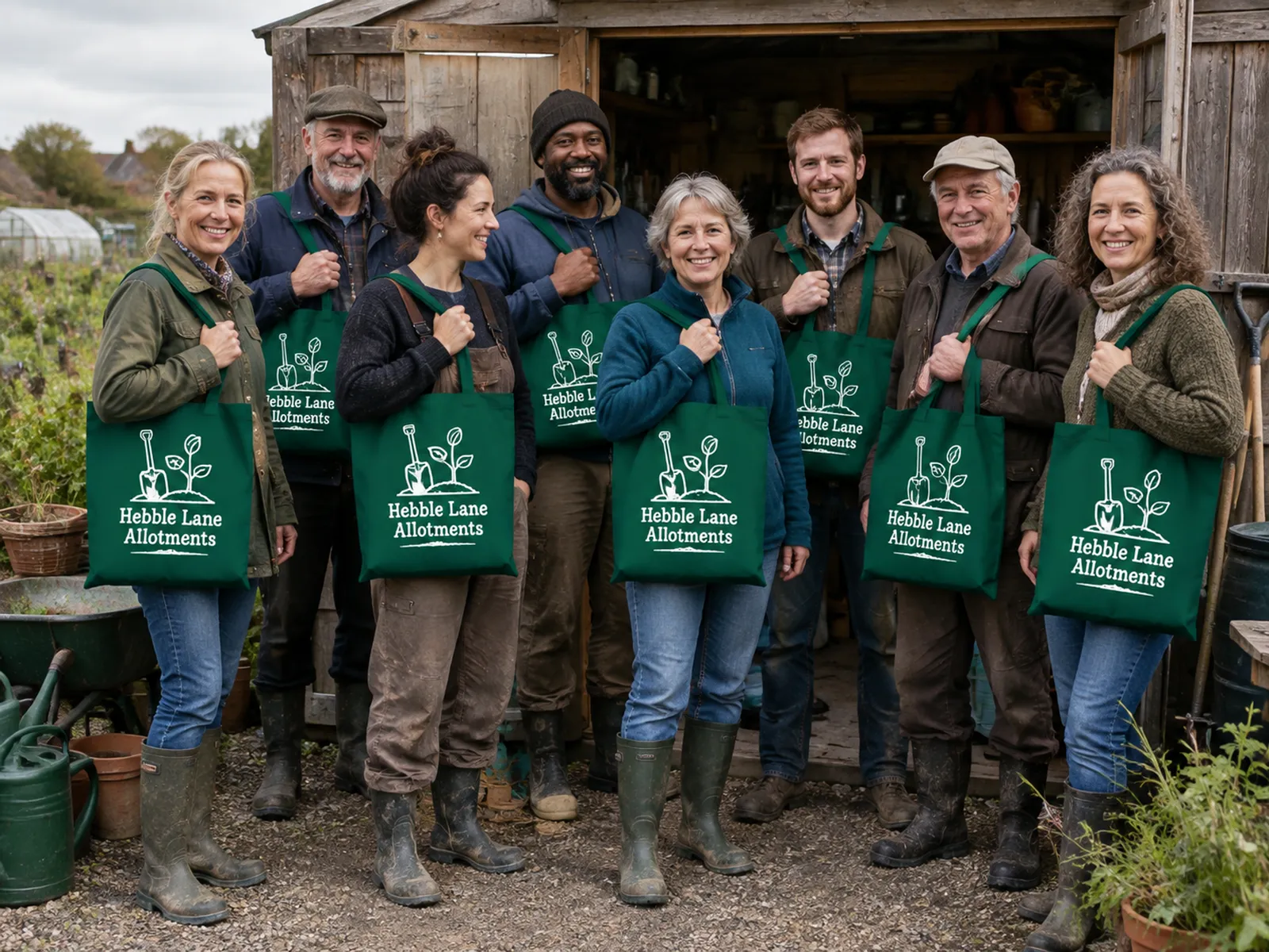 Allotment committee members each holding a bottle green shopper printed with a white Hebble Lane Allotments logo