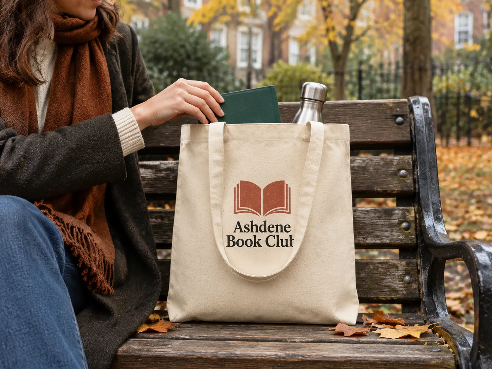 Natural recycled canvas shopper printed with a book club logo, on a park bench in autumn