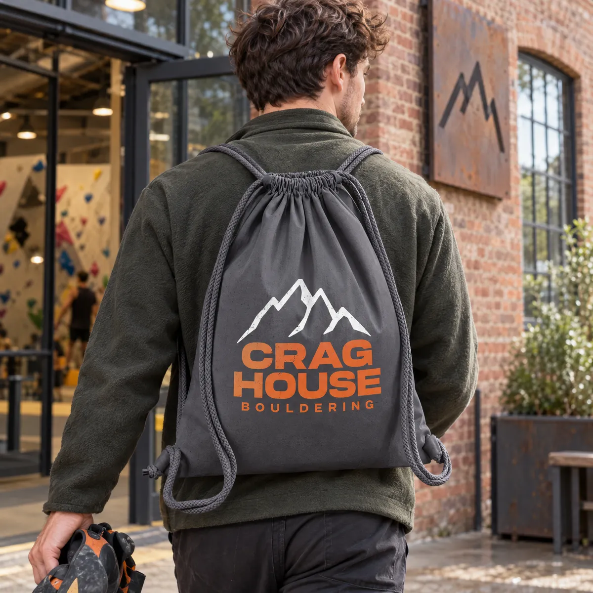 Graphite grey organic cotton drawstring bag printed with a climbing centre logo, worn as a backpack