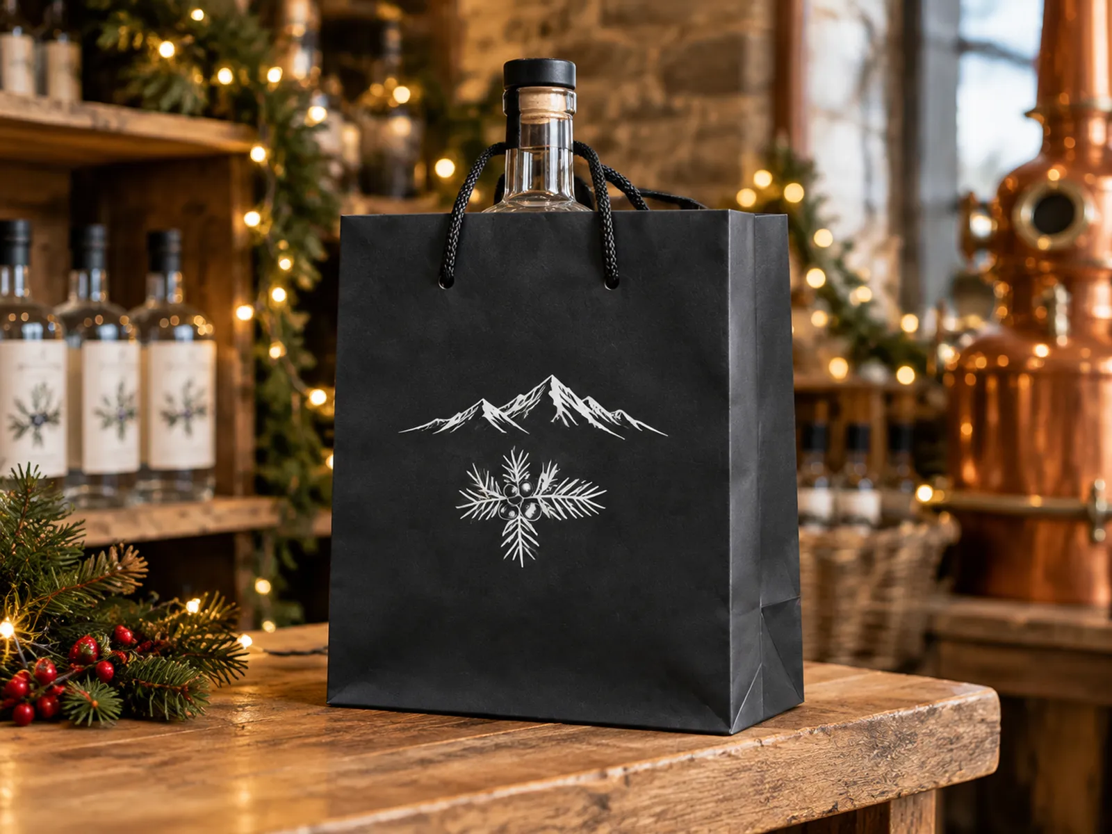 Black luxury paper bottle bag with rope handles, printed with a white gin logo