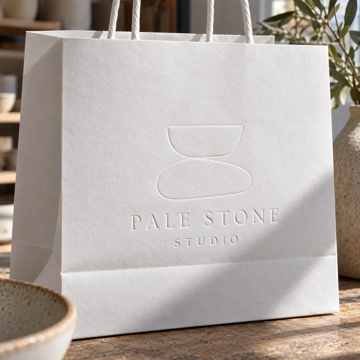 Blind-embossed logo raised on a heavy white paper bag, lit from the side