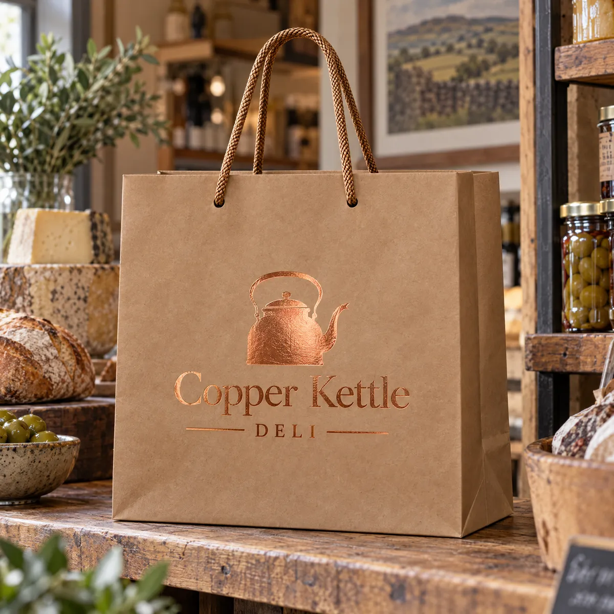 Brown kraft luxury paper bag with a copper foil logo on a wooden shelf