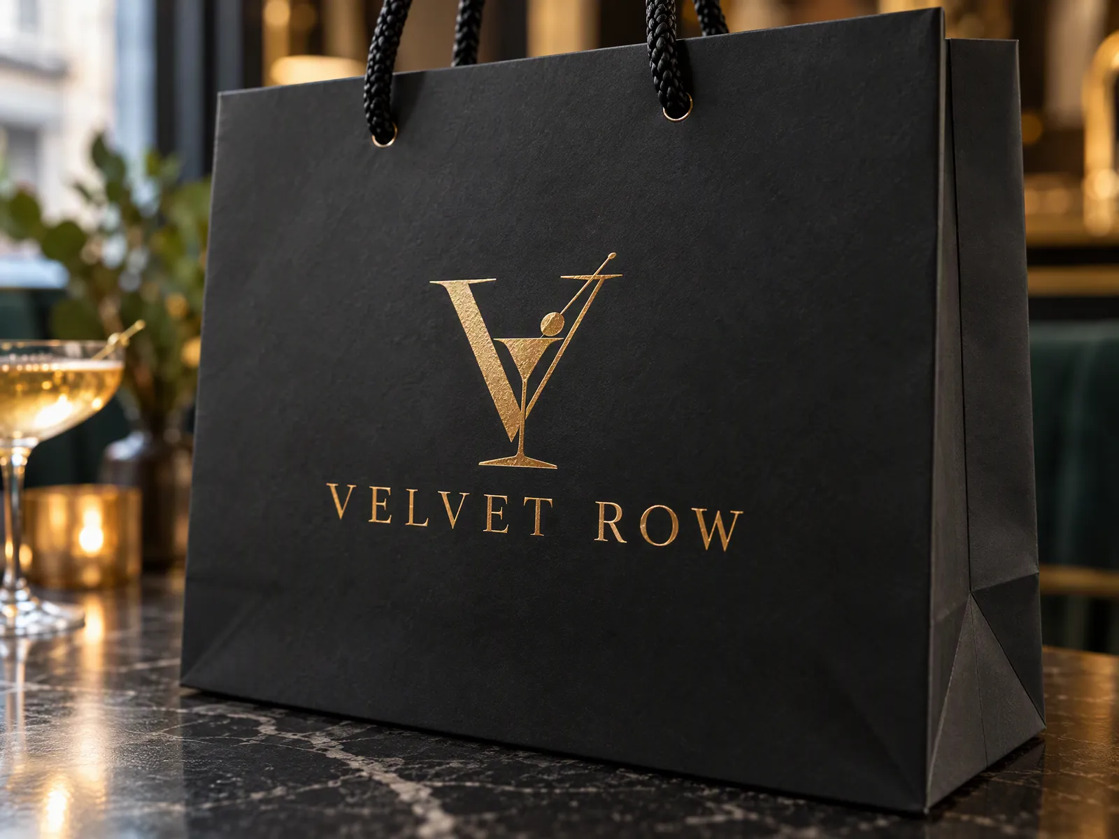 Black matt laminated paper bag with a gold foil logo catching the light