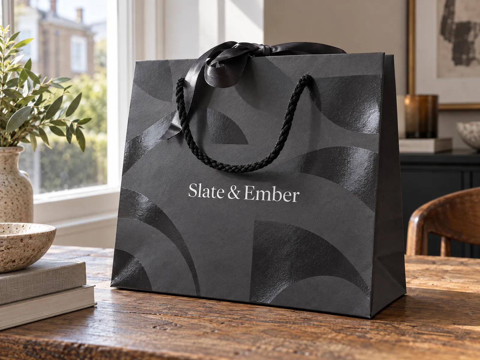 Charcoal matt paper bag with a glossy spot UV pattern visible against the matt surface