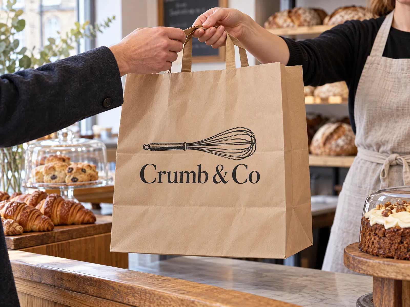 Brown kraft flat handle paper bag printed with a black bakery logo, handed over a counter