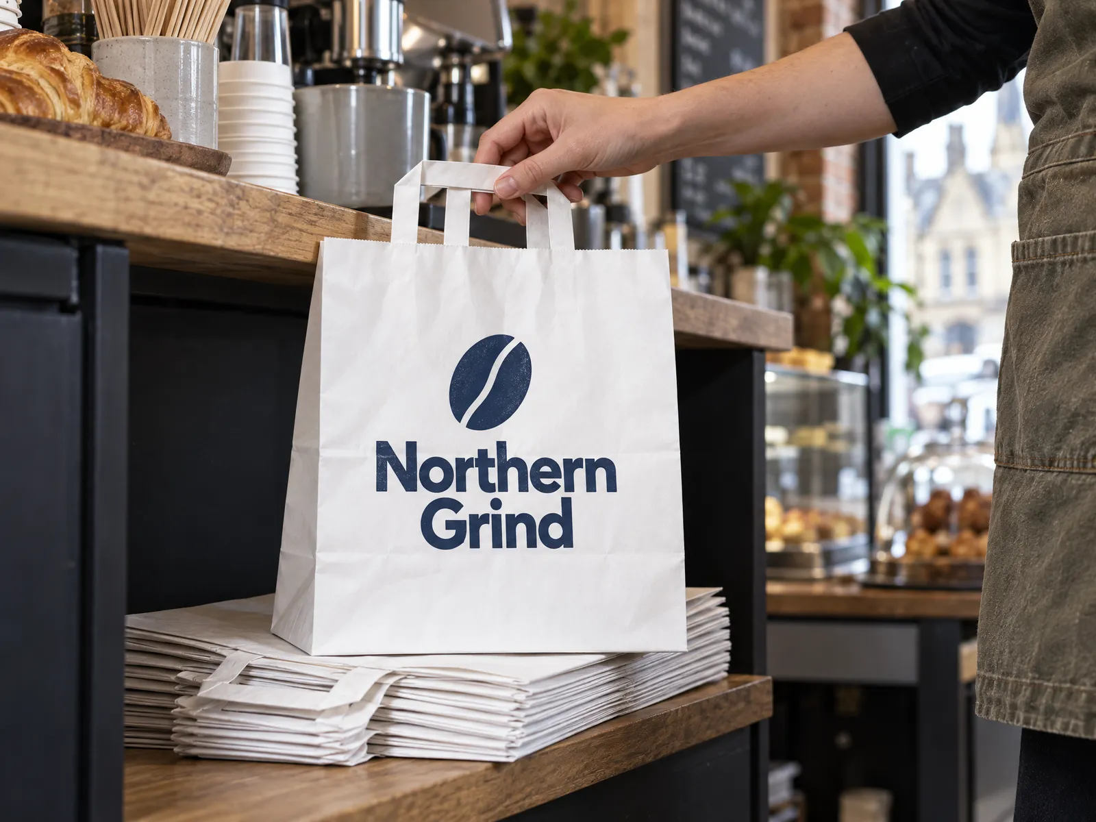 White kraft flat handle paper bags printed in navy, stacked flat under a café till